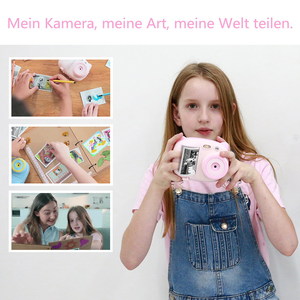 Kinderkamera, Sofortbildkamera Kinder DigitalKamera 1080P Videokamera Kinderkamera (inkl. Kinder Kamera Drucken Schwarzweiß Foto mit Pinselstift, Kinder Digitalkamera mit 32GB SD-Karte, Geschenk für Kinder)