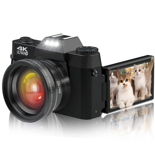 Digitalkamera 4K, 48MP Fotokamera mit 180° Flip 3.0" Bildschirm, 16X Digitalzoom Kompaktkamera mit Weitwinkel Linse und Macro Linse, 64GB Karte