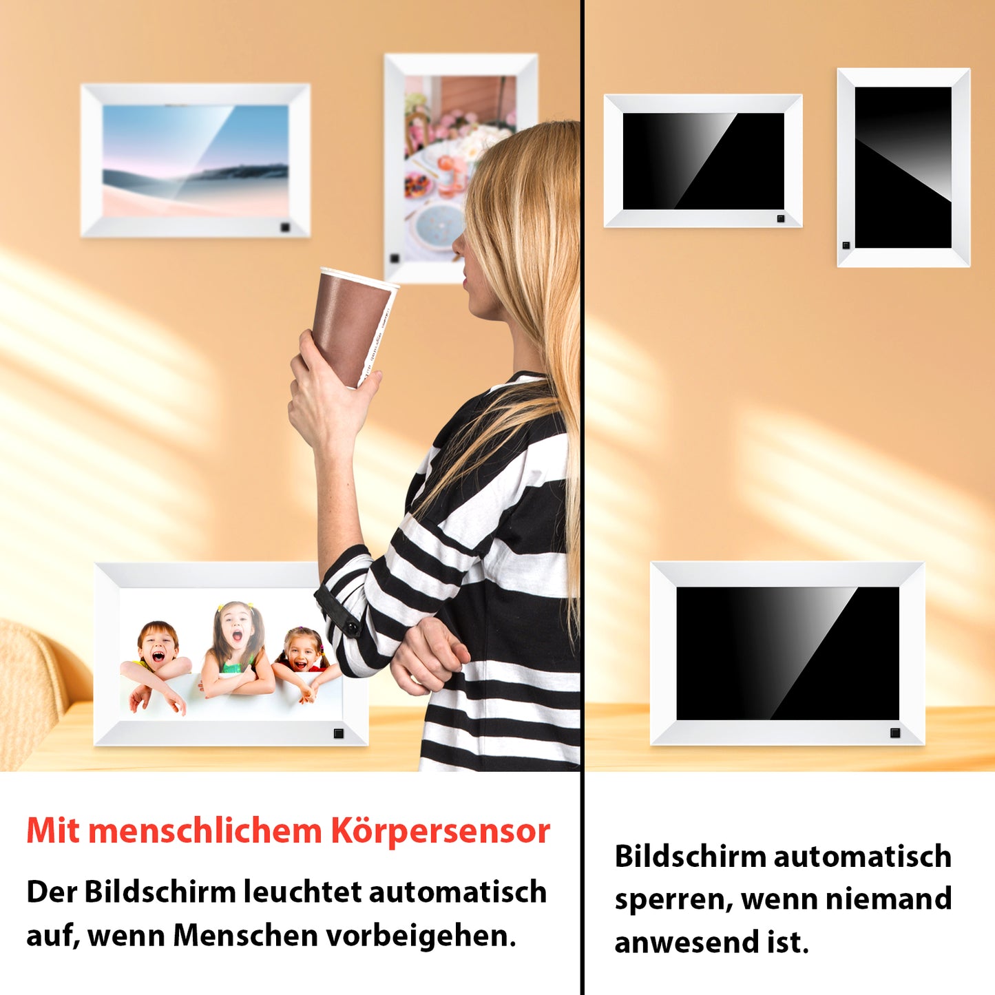 Fine Life Pro Digitaler Fotorahmen 10.1" + Holzfotorahmen 6", Körper-Sensor Digitaler Bilderrahmen (1280x800 Pixel, 32 GB, elektronischer Fotorahmen mit Frameo Foto/Video-Sharing)