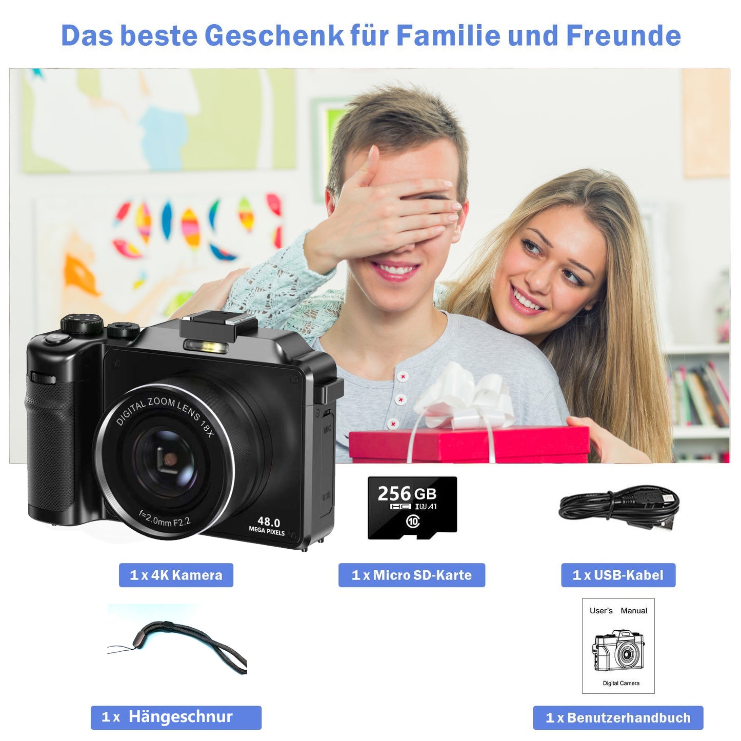 Fine Life Pro Digitalkamera doppelt 48MP, 4K-Video, 18x Zoom, Anti-Schüttel 3D-Sound Kompaktkamera (48 MP, WLAN (Wi-Fi), inkl. Doppelt 13 MegaPixel Foto-Wunder, Super Bildstabilisator)