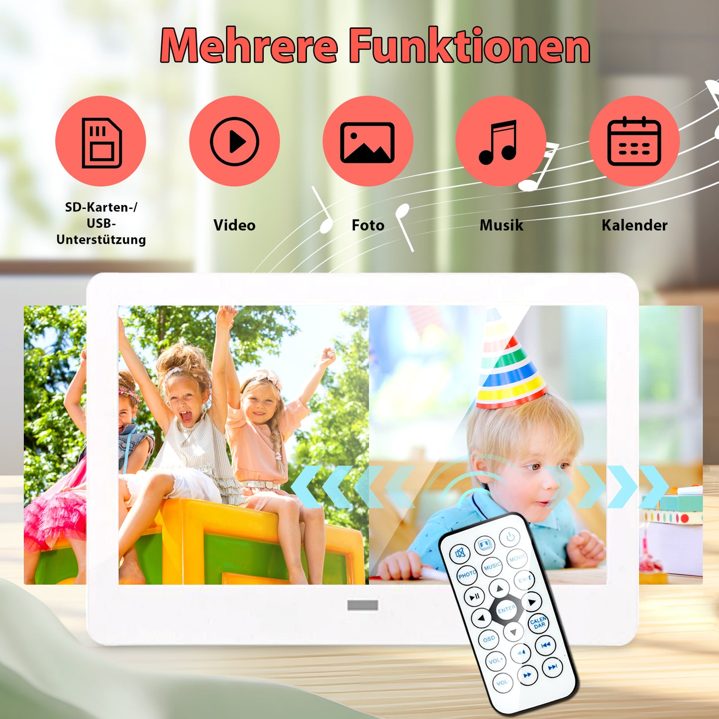 Fine Life Pro Digitaler Bilderrahmen (Digital-Fotorahmen mit 1024x600 Display, inklusive Fernbedienung, Fotos/Musik/Videos über USB/SD-Karte abspielbar. Kalenderanzeige)