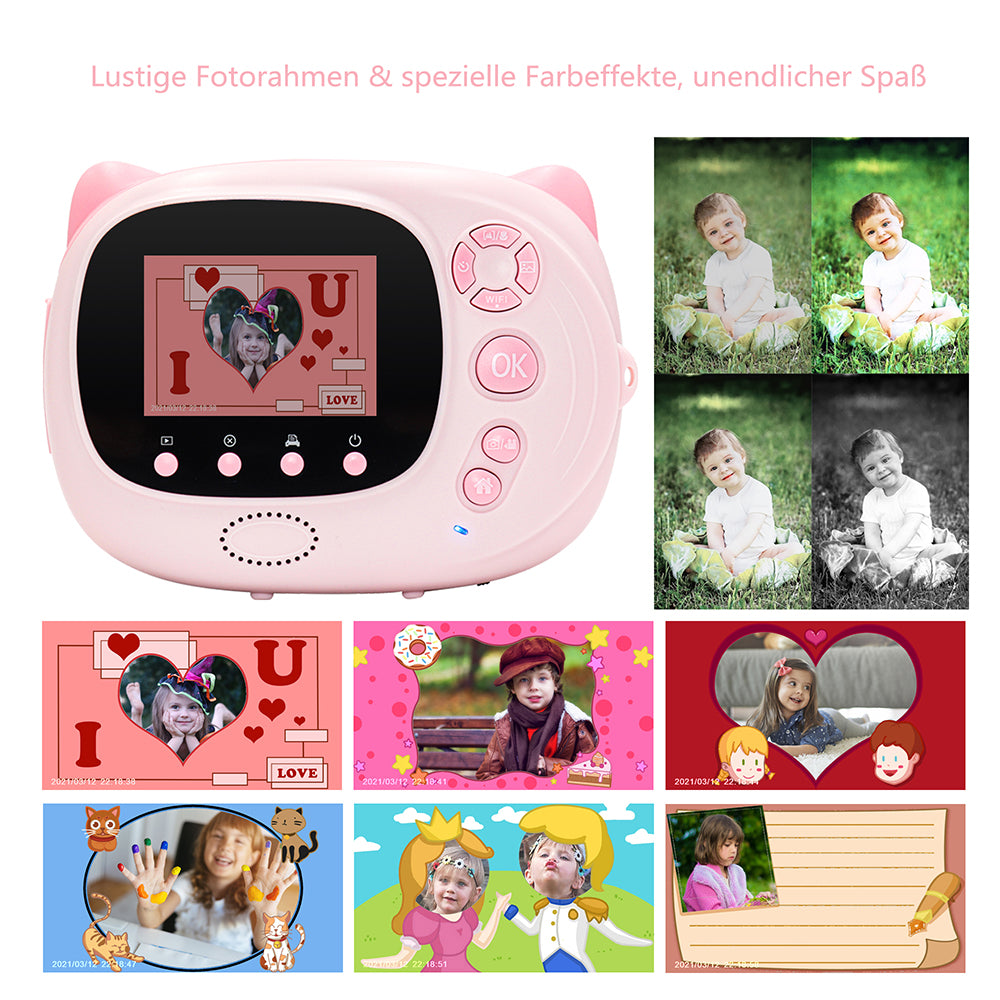 Kinderkamera, Sofortbildkamera Kinder DigitalKamera 1080P Videokamera Kinderkamera (inkl. Kinder Kamera Drucken Schwarzweiß Foto mit Pinselstift, Kinder Digitalkamera mit 32GB SD-Karte, Geschenk für Kinder)