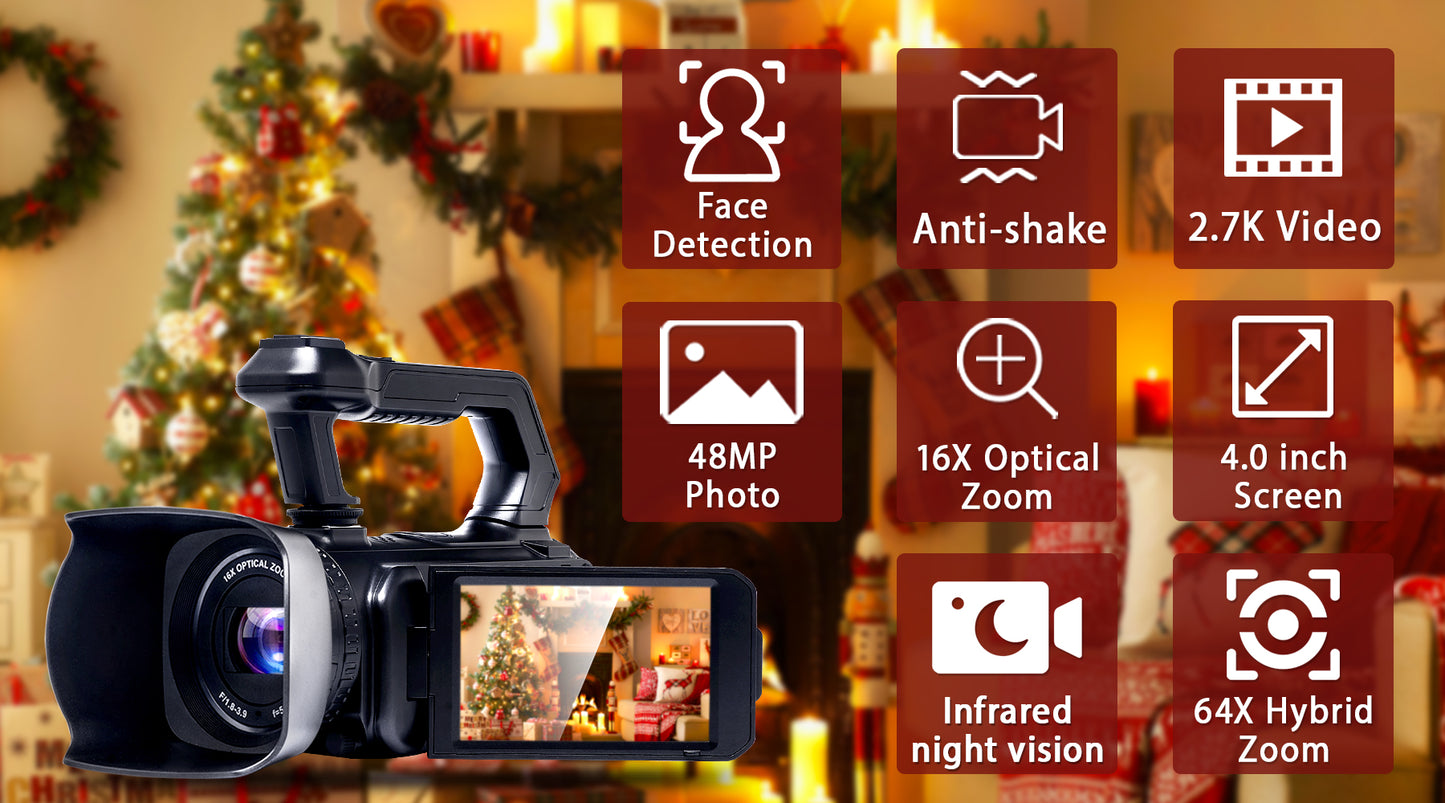 Video Kamera mit 2.7K Ultra HD, 64-fachem Digitalzoom Videokamera (16x opt. Zoom, und 16-fachem Optischem Zoom und Nachtsicht)