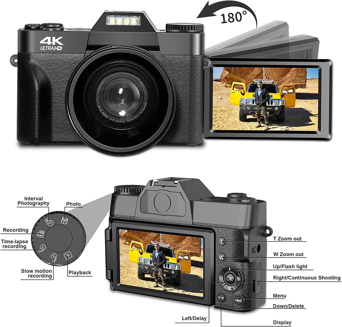 Digitalkamera 4K, 48MP Fotokamera mit 180° Flip 3.0" Bildschirm, 16X Digitalzoom Kompaktkamera mit Weitwinkel Linse und Macro Linse, 64GB Karte