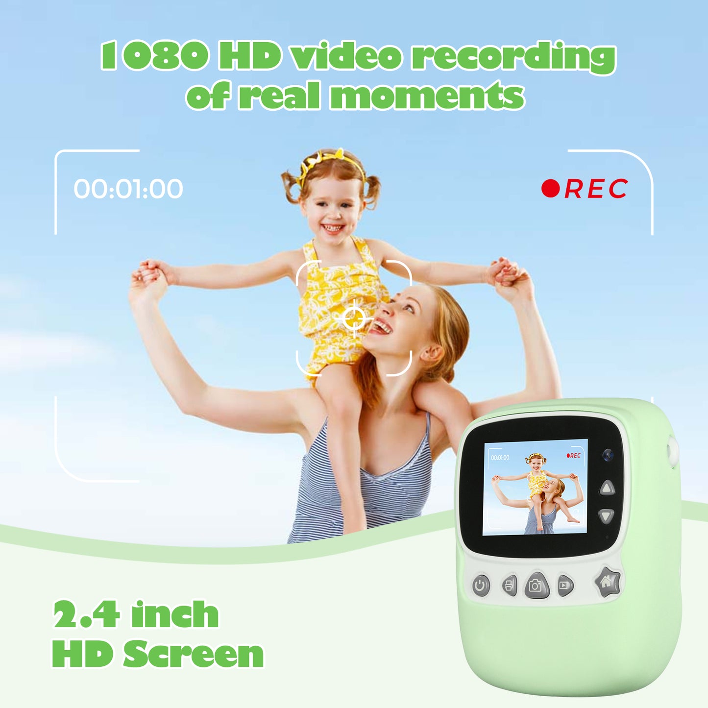 finelifepro 30MP Kinder Sofortbildkamera, 1080p Digitalkamera, Grün