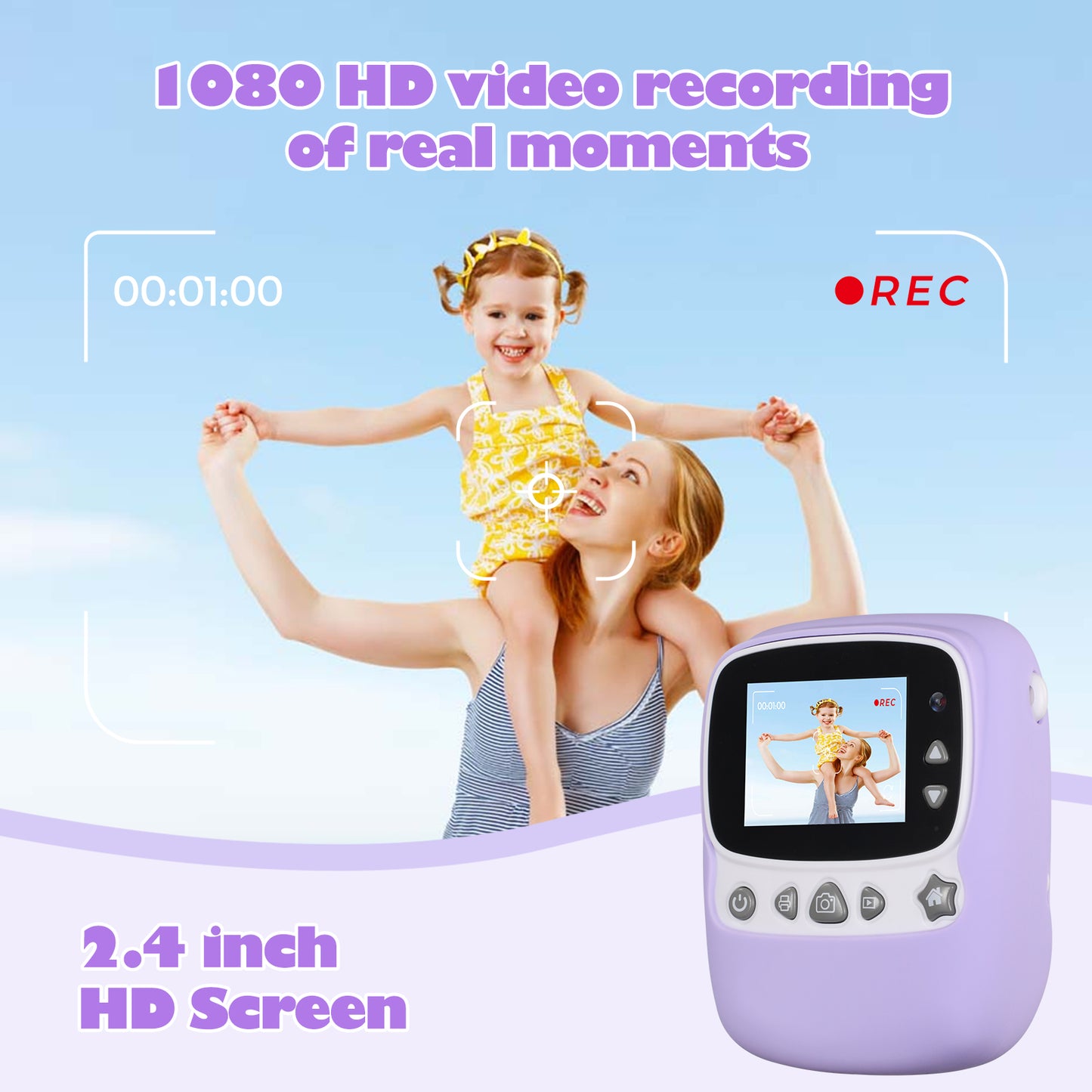 30MP Kinder Sofortbildkamera, 1080p Digitalkamera, Lila Kuh