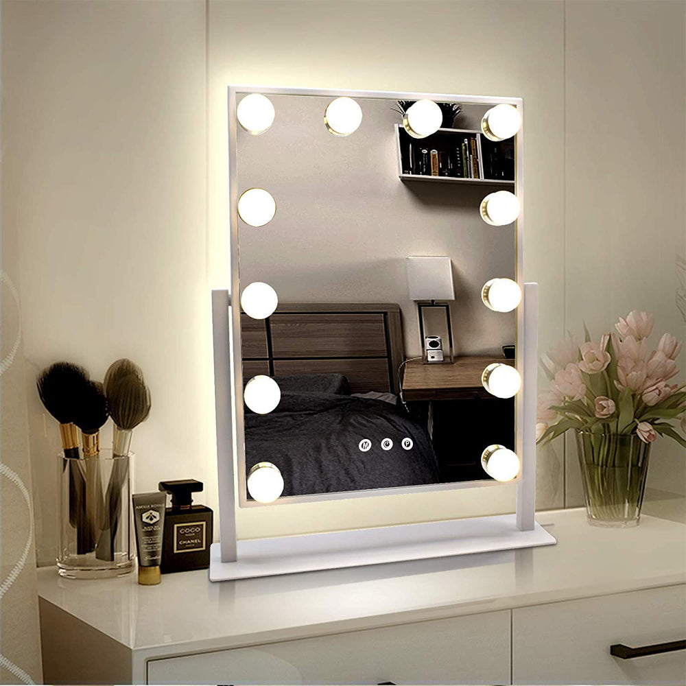 finelifepro 35,5 x 47cm Kosmetikspiegel Schminkspiegel mit 12 LED Beleuchtung Hollywood Spiegel Stehspiegel für Badzimmer Schminktisch