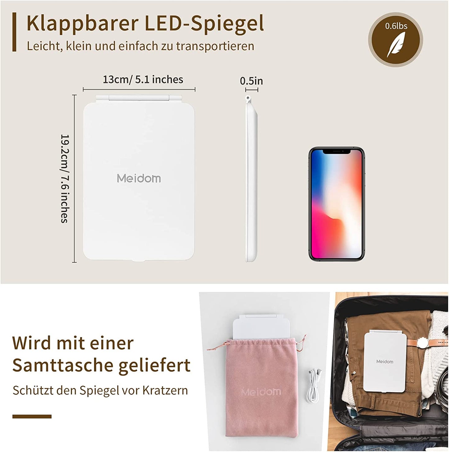 Schmink-/Kosmetikspiegel (19,5cmx13cm) mit LED Lichtrahmen/Touchscreen und 3 Lichtfarben! Handlicher Reisespiegel,Klappbar