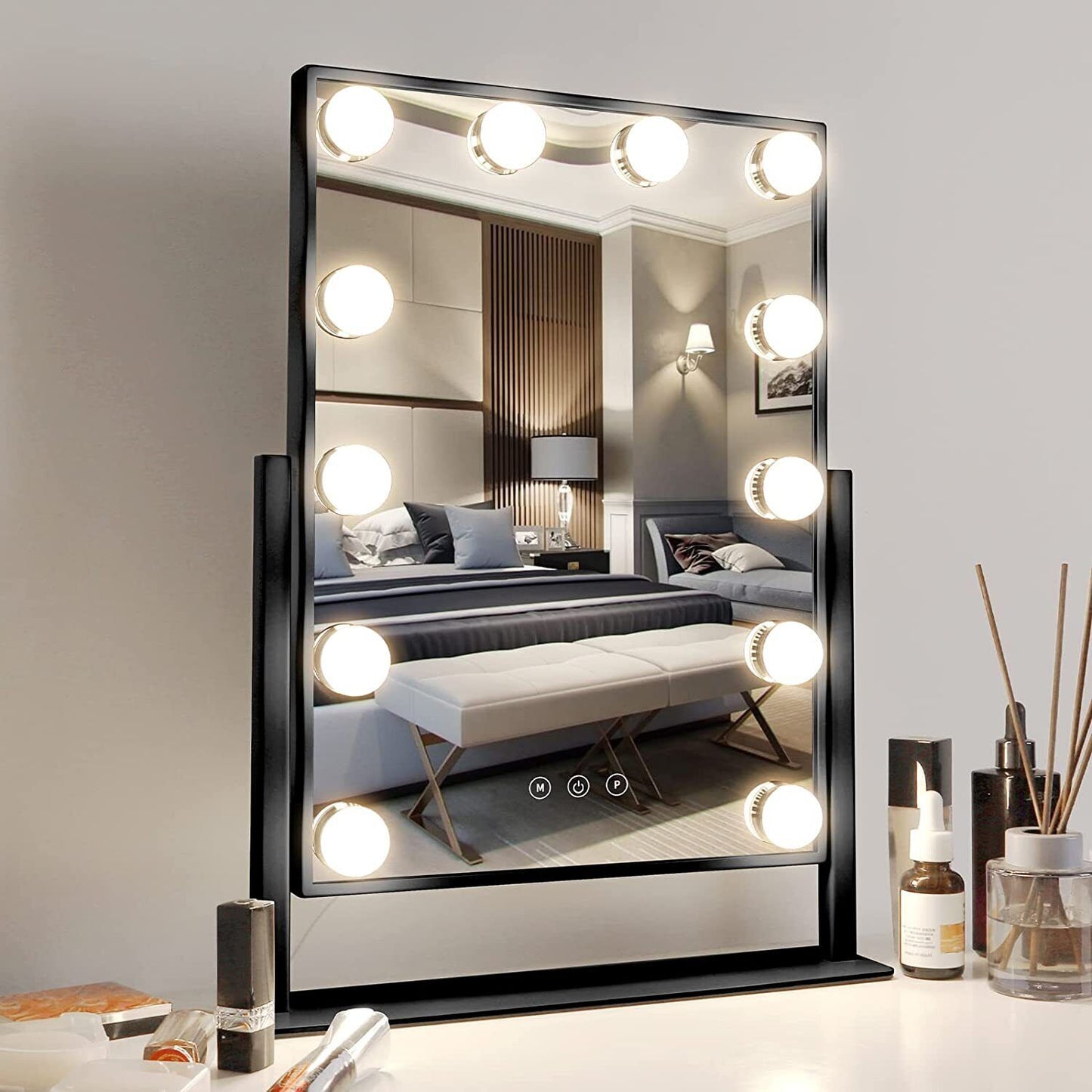 finelifepro 35,5 x 47cm Kosmetikspiegel Schminkspiegel mit 12 LED Beleuchtung Hollywood Spiegel Stehspiegel für Badzimmer Schminktisch